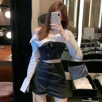2 Gabalas Rinkinių, Moteriški Drabužiai Streetwear Elegantiškas Apkarpyti Viršūnes+ Juostele Mini Sijonai Y2k Mados Kostiumai Korėjos Stiliaus 2020 M. Rudens Drabužių images
