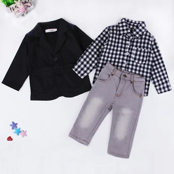 2017 Naujas Mados kūdikių berniukų 3pcs drabužių rinkinius, juoda viršutiniai +pledas marškiniai+ džinsai, kelnės vaikams rudens drabužių DS9 images
