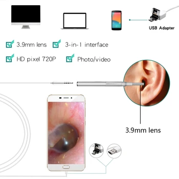 3.9 mm Storesnis HD 720P Medicinos Ausų Valymo Kamera, Android Endoskopą Burnos, Dantų Pasiimti Įrankį Vaizdo Nešiojamų Ausies Šaukštas Otoscope images