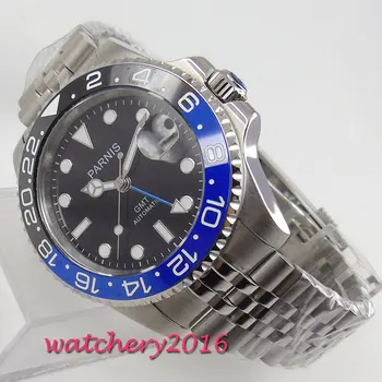 40mm Parnis Mechaniniai Laikrodžiai Juoda Mėlyna Keramikos Bezel black dial GMT šviesos ženklai, safyro stiklas, automatinė Mens Watch images