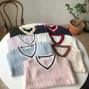 7 spalvų 2018 korėjos preppy stilius v kaklo spalvų kratinys ilgomis rankovėmis megzti moteriški megztiniai megztiniai ir puloveriai (F1310) images