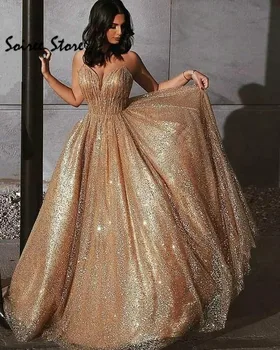 Artimuosiuose Rytuose Aukso Prom Dresses Linijos, Blizgančiais Ilgą Vakarinę Suknelę Blizgučiai Spagečiai Dirželiai Backless Oficialų Suknelė 2020 Grindų Ilgis images