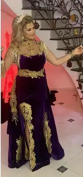 Caftan vakarinę Suknelę, su Nuimamu Traukinio Aukšto Kaklo Aukso Appliques Marokas Kaftan Aksomo Undinė arabų Musulmonų Prom Šalis Suknelė images