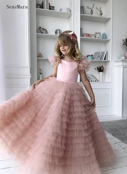 Custom Aukštos Kokybės Little Princess Audinys Gėlių Mergaitės Suknelė Vestuvių Reljefiniai Tiulio Plunksnų Vaikams, Vaikų Mergaičių Konkurso Suknelė images