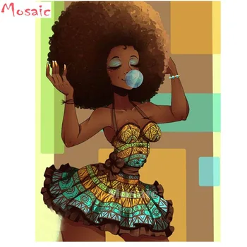Diamond siuvinėjimo,5d diamond tapybos Afro Animacinių filmų Mergina Kramtomoji Guma Afrikos deimantų mozaikos vaizdą strazdų kryželiu images