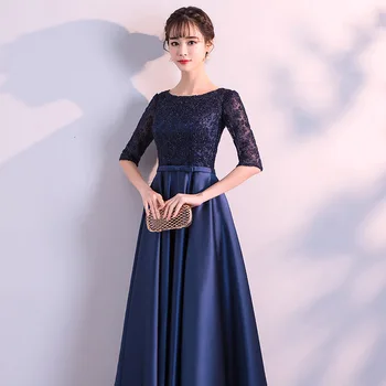 DongCMY Naujų 2020 M. Ilgalaikės Formalios Vakaro Suknelės, Elegantiškos Nėrinių Satino Tamsiai Mėlyna Vestidos Moterys Šalis Suknelė images