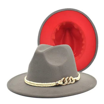 Fedorat skrybėlę su grandinės maišyti spalvas Džiazo skrybėlės kaubojaus skrybėlę vyrams ir moterims, žieminė kepurė raudona su juodos vilnos melonik skrybėlę didmeninės images