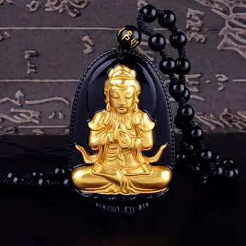 Fizinis Auksas, Juodasis Obsidianas Raižyti Buda Laimingas Amuletas Pakabukas Moterims, Vyrams, karolius, bižuterijos images
