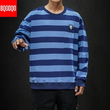 Harajuku Hip-Hop Atsitiktinis Marškinėlius Puloveris O-Kaklo Rudenį Dryžuotos Palaidinės Vyrų Mados Vyras Preppy Japonijos Streetwear Viršūnės images