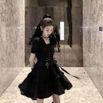 Japonijos Harajuku Black, Gothic Lolita Dress Derliaus Vasarą Saldus, Seksualus Nėriniai-Up Punk Suknelės Moterims Aikštėje Apykaklės Sluoksniuotos Rankovėmis Suknelė images