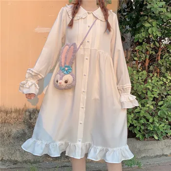 Japonijos Lolita Saldus Mergina Balta Spalva Raudona lėlės susiėmę apykaklės ilgomis rankovėmis lolita vidutinio ilgio suknelė loli cos arbatėlė Rudenį images