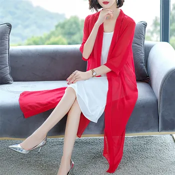 Juoda Balta Raudona elegantiškas Ilgas Megztinis Moteriška Vasaros šifono Cardigan Atsitiktinis Marškinėliai Moterų plius dydis korėjos stiliaus palaidinė M-7XL 8XL images