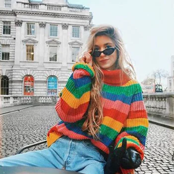 Lusofie Vaivorykštė golfo megztiniai moterų žiemos džemperiai megztus drabužius mados dryžuotas negabaritinių megztinis moteriška Gatvės images