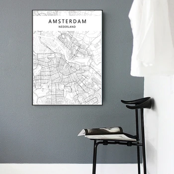 Modernus Miestas Amsterdamo Žemėlapį, Minimalistinę Tapybos Drobės Juoda ir Balta Siena Menas Spausdinti Plakato Nuotraukas Kambarį Namų Dekoro images