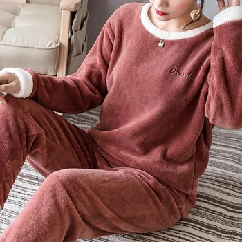 Moterų Žiemos Pižama Moterų Korėjos Sleepwear Mielas Flanelė Pižama Nustatyti Aksomo Šiltas Pijama Apvalios Kaklo Pyjama Homewear images