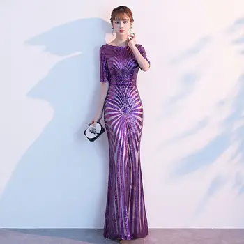 Musulmonų naują atvykimo Elegantiška violetinė pusė Rankovių Vakaro Suknelės undinė China Bling Maroko Kaftan Oficialią šalies prom images