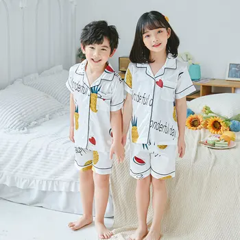 Naujas 2020 metų Vasaros trumpomis Rankovėmis Vaikai Sleepwear Nustatyti Šilko Pižama, Nustatyti Berniukų Pižamos Kostiumas Vaikams naktiniai drabužiai Mergaitėms satino homewear images
