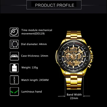NUGALĖTOJAS Prekės Prabangus Dizainas Skeletas Žiūrėti Vyrų Automatinis Mechaninis laikrodis Aukso Plieno Dirželis Klasikinė Suknelė Karinės Rankiniai Laikrodžiai images