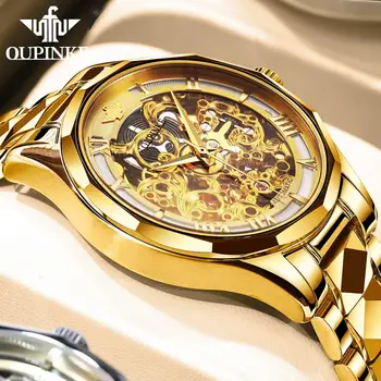 OUPINKE Prabangių Vyrų Laikrodžiai, Aukso Skeletas Mechaninis laikrodis Vyrams, Automatinė Safyro Stiklas Nerūdijančio Plieno Laikrodis montre homme images