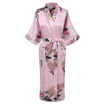 Pilka V-kaklo, naktiniai drabužiai Atsitiktinis Vestuves Skraiste Spausdinti Moterų Suknelė Kimono Sleepwear Ilgos Satino Chalatas Namų Drabužių Pižama images