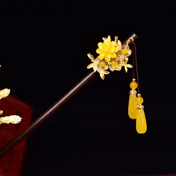 Retro Kūrybos Geltona Sintetinių Gėlių Patogiai, Plaukų Papuošalai Asmens Elegantiškas Vandens Lašas Pakabukas Medienos Plaukų Stick images