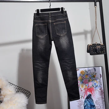 Rudens Mados Nustatyti Moterų Duobute Džinsinio Striukė + Elastingumą Aukšto juosmens Džinsus, Kelnes Dviejų dalių Komplektus Streetwear Džinsinio 2vnt Rinkiniai images