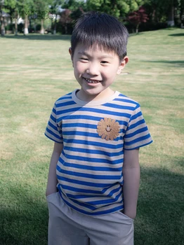 Sumcico vaiko marškinėliai Medvilniniai marškinėliai su Dryžuotais Klasikinis Siuvinėjimo Odos draugiškas ir Minkštas Palaidinė Age2-14Y images