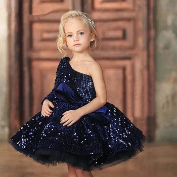 Trumpas Mados Royal Blue Vaikų Mergaičių Elegantiškas Gėlių Mergaitės Suknelė Princesė Partijos Inscenizacija Oficialų SequinsTulle 2-14 Y images