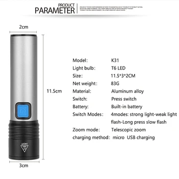 USB Įkraunamas LED Žibintuvėlis Su T6 LED Built-in ličio baterija 1200mAh Vandeniui kempingas šviesos Fakelas Zoomable images