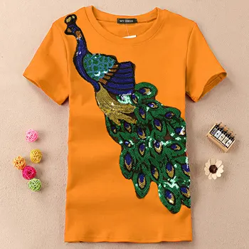 Vasaros Blizgančiais Viršūnes Išsiuvinėti Povas Modelis Medvilnės trumpomis Rankovėmis T-shirt Moterų 2020 M. Juokinga Tshirts Medvilnės Moterims images