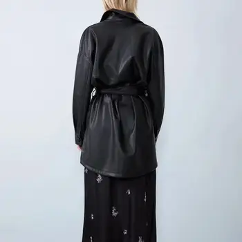 ZA 2019 m. rudenį, žiemą moterų striukė ruda juoda PU odos vintage varčias outwear elegantiškos ponios kailis moterų viršūnių moteris drabužiai images